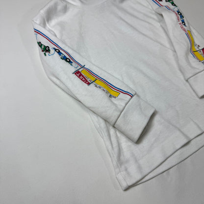 90s Kids Toddler Infant Vintage Baby B’Gosh Oshkosh White Long Sleeve Holiday Race car Print On Sleeves //18m / Made in USA