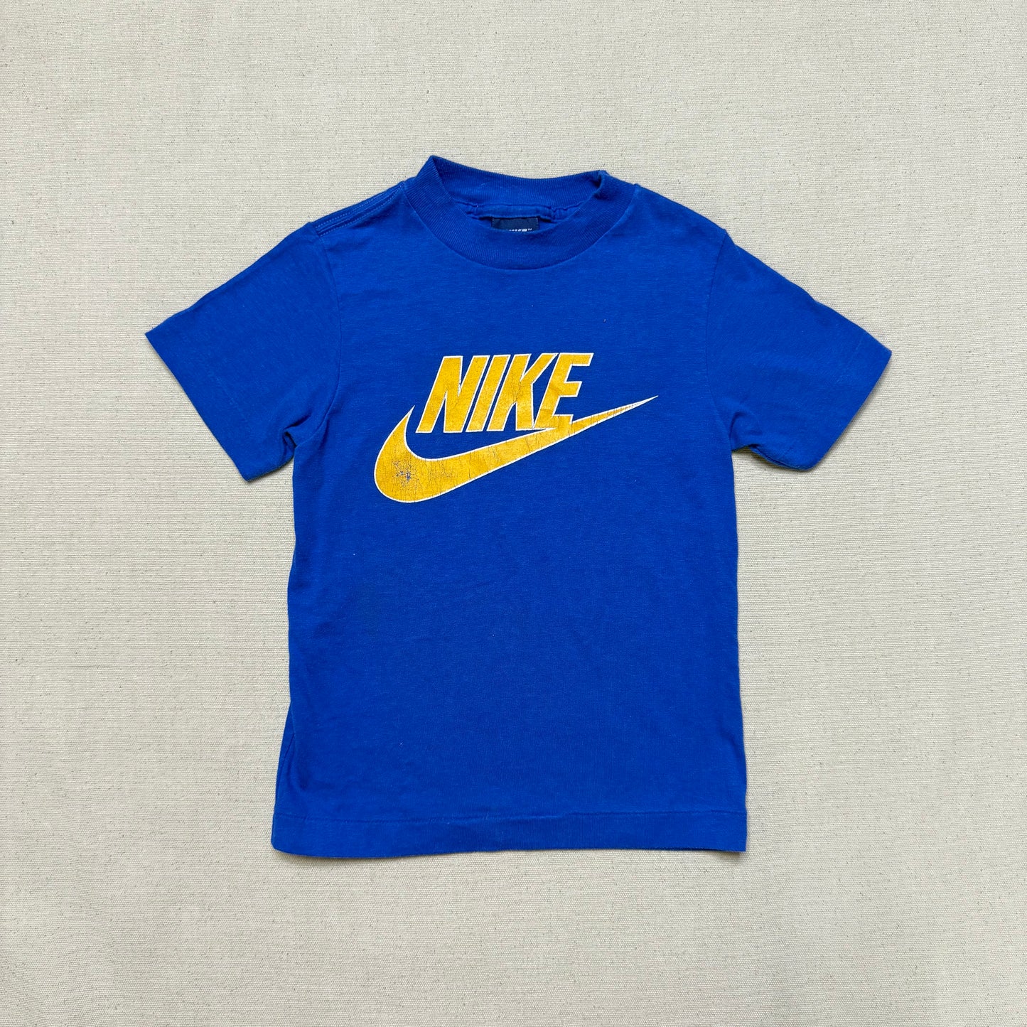 80s Kids Toddler Vintage Nike Blue Tag Yellow Big Logo Print Single Stitch Blue Tshirt / 2T 3T 4T / Made in USA