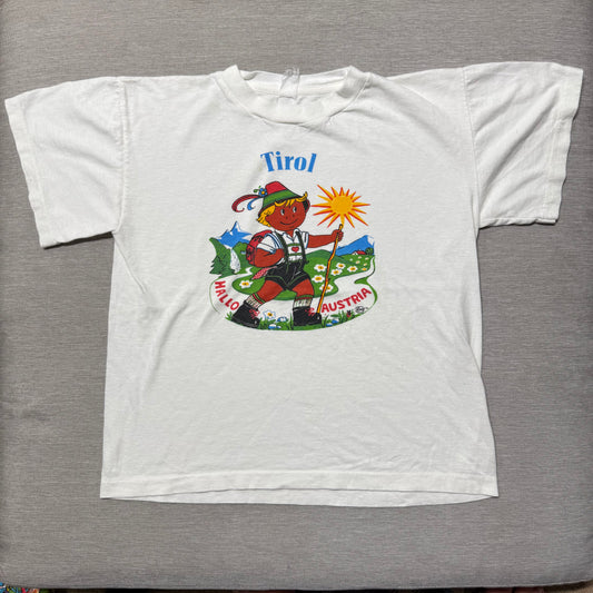 70s Kids Vintage Tirol Hallo Austria Kid Yodeller Print White Single Stitch Short Sleeve T-Shirt 7Y 8Y 9Y Baby Tee XS Adult