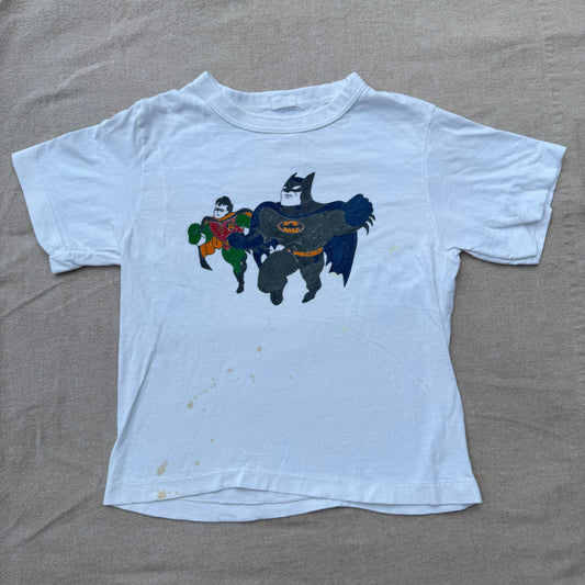 70s 80s Kids Vintage Batman and Robyn Cartoon Print White Short Single Stitch T-Shirt 3Y 4Y 5Y