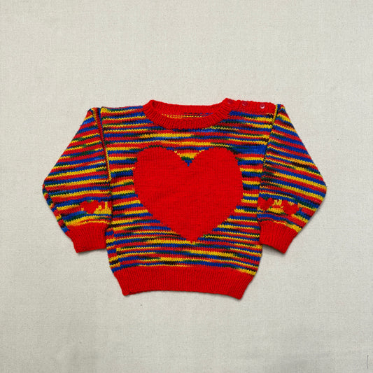 Kids Toddler Vintage Handmade Rainbow Big Heart Pattern Knit Sweater / 3T 4T 5T