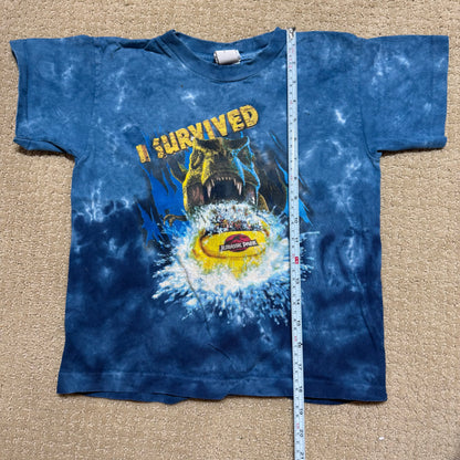90s Kids Vintage Universal Studios I Survived Jurassic Park Glow In the Dark Print Blue Tie Dye Single Stitch Short Sleeve 100% Cotton T-Shirt M 5Y 6Y