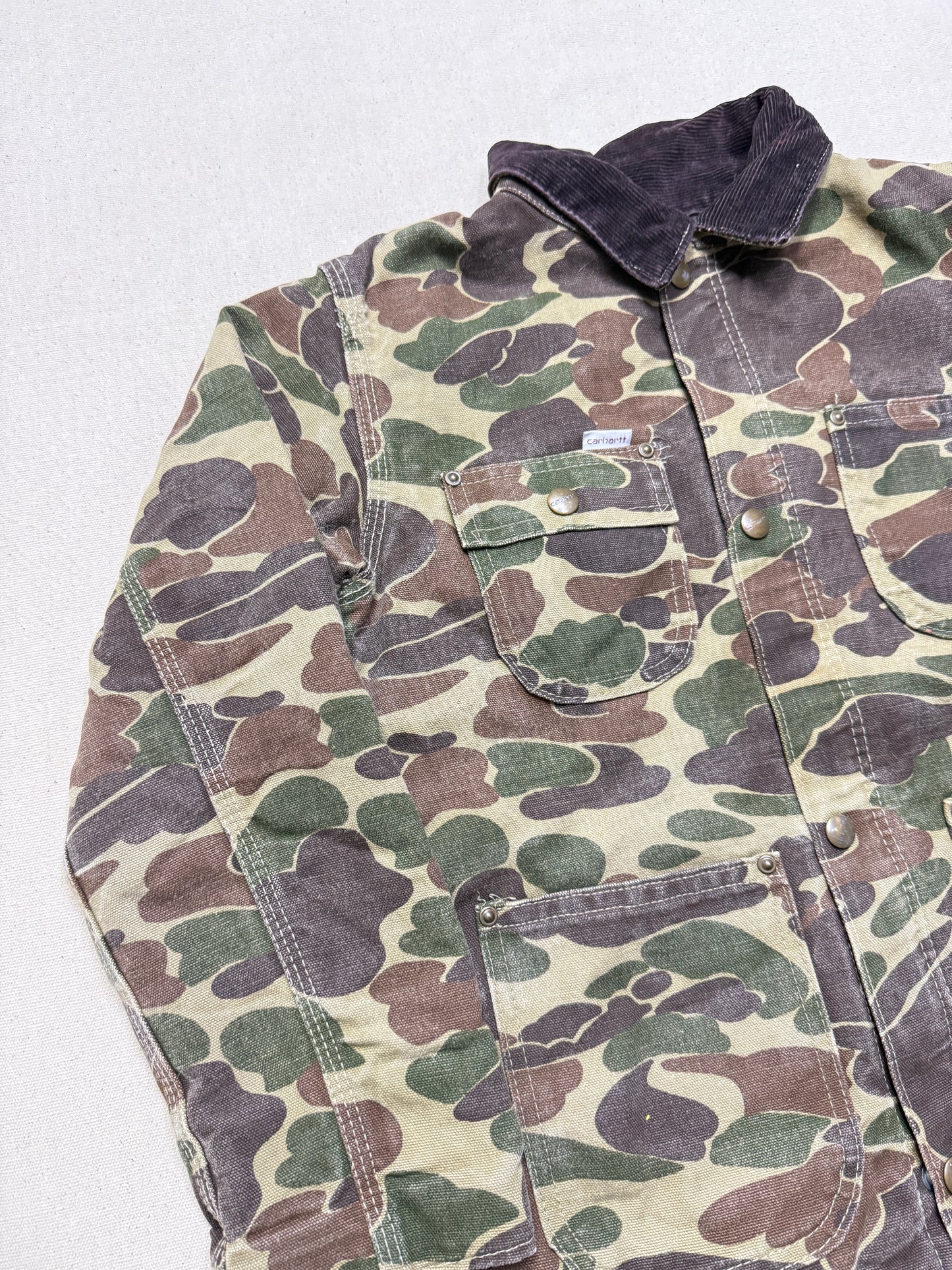 80s Kids Youth Vintage Carhartt Rare Duck Hunting Camo Corduroy Collar Quilt Lined Jacket / 7y 8y 9y