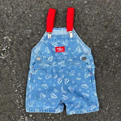 Vintage Kids Oshkosh Denim Sailboats Shortalls With Elastic Shoulder Straps( Suspender) 6/9mns