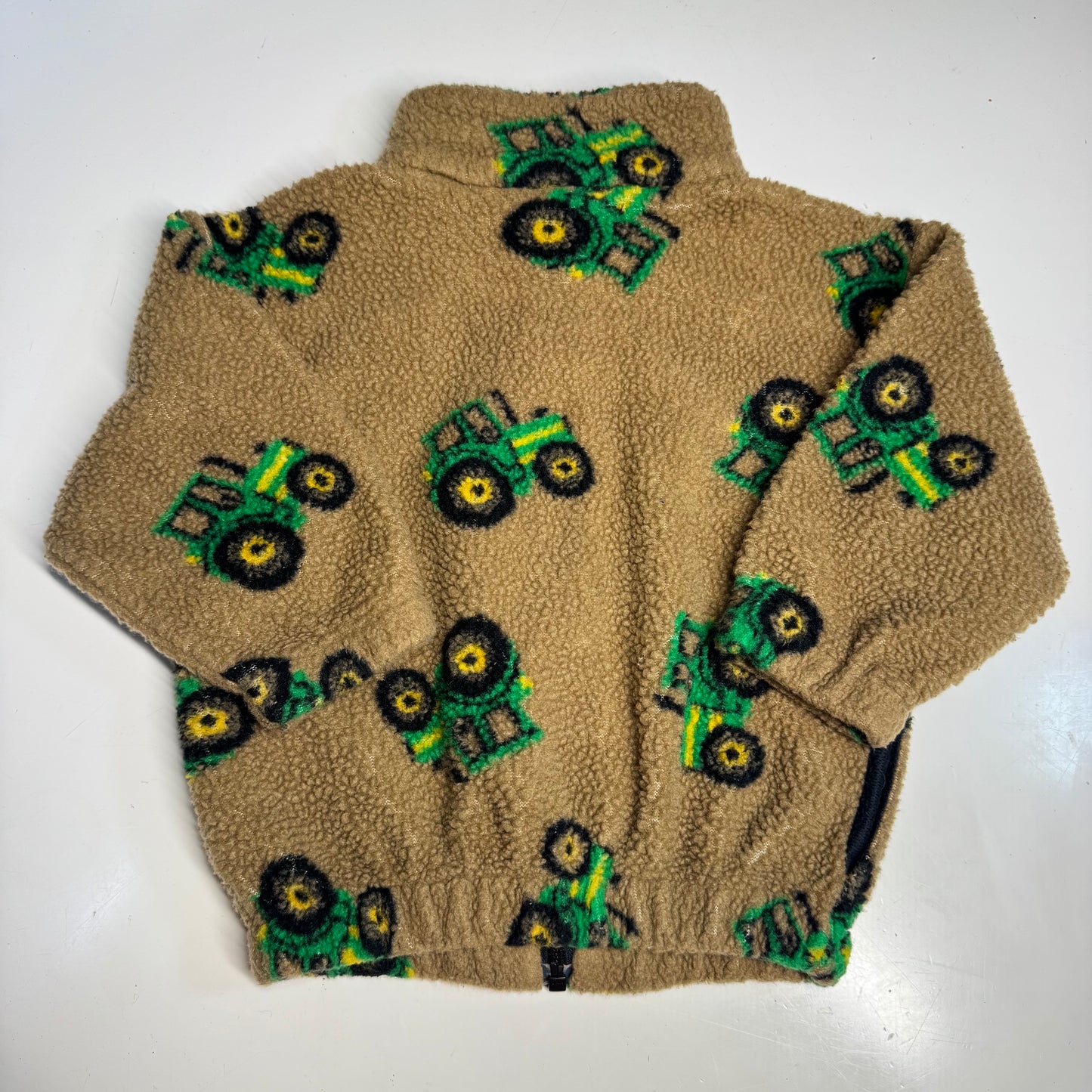 90s 2000s Kids Toddler Vintage Beige Khaki Deep Pile Zip Fleece Tractor AOP With Pockets Made in USA 3T