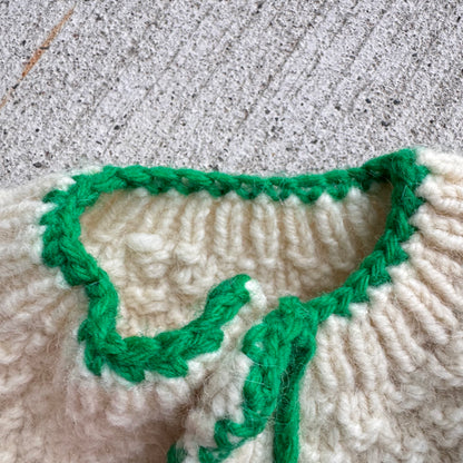 Baby Toddler Vintage Hand Knit Cream Cardigan With Green Details Irish Style Knit 12mns 1Y 18mns 24mns 2Y