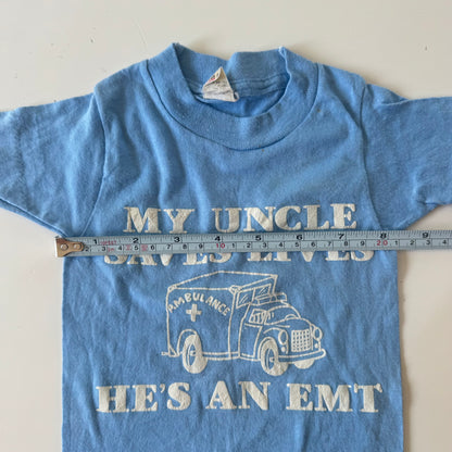 80s Kids Infant Baby Vintage Tee My Uncle Saves Lives, He’s An EMT Single Stitch Short Sleeve T-Shirt 2T Made in USA