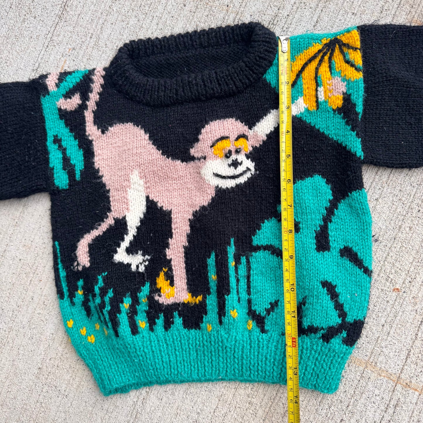 80s 90s Toddler Kids Vintage Hand Knit Monkey With Button Eyes Sweater 2Y 3Y 4Y