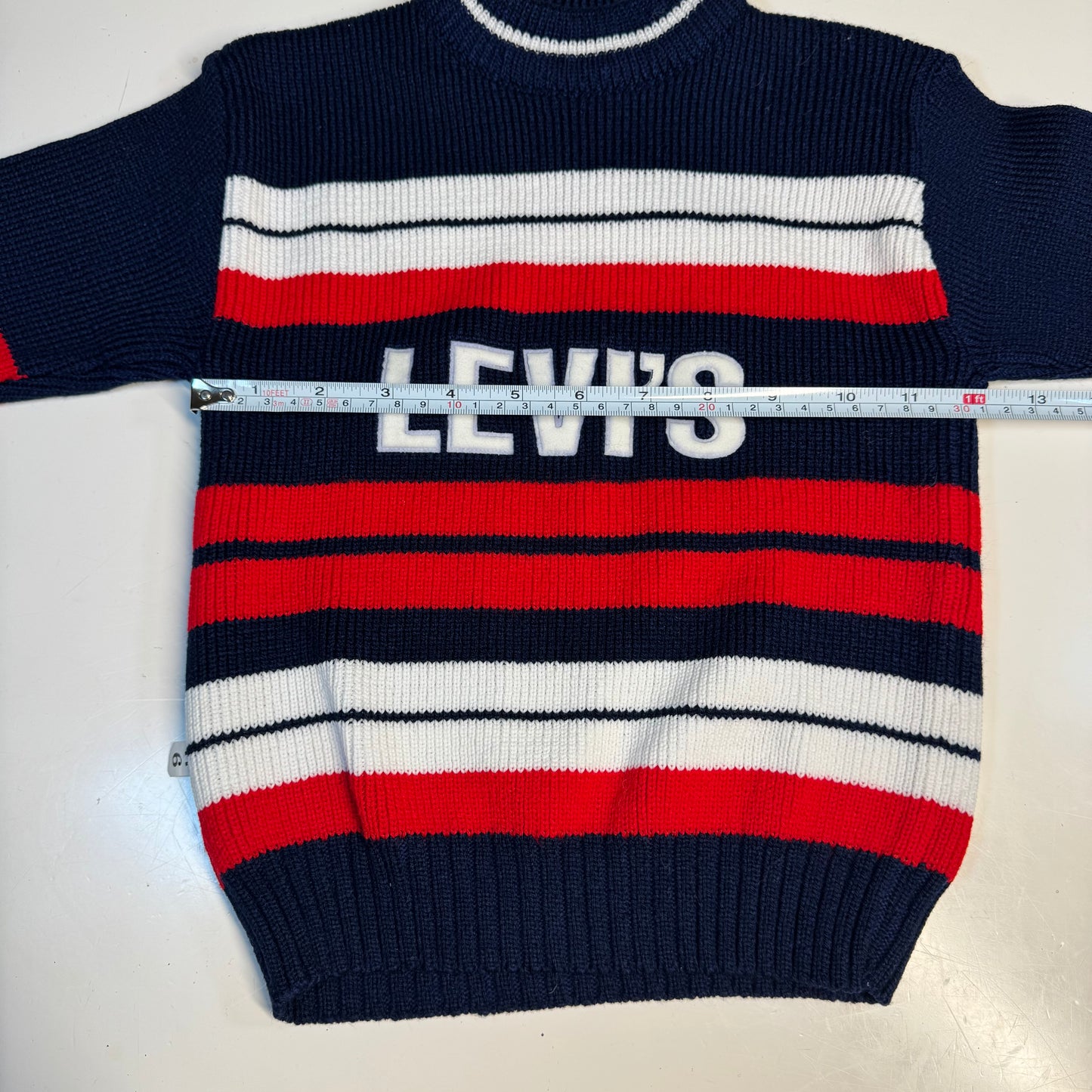 80s Vintage Kids Big  Logo Levi’s Knit Striped Navy White Red Pullover Long Sleeve Sweater 4Y 5Y 6Y