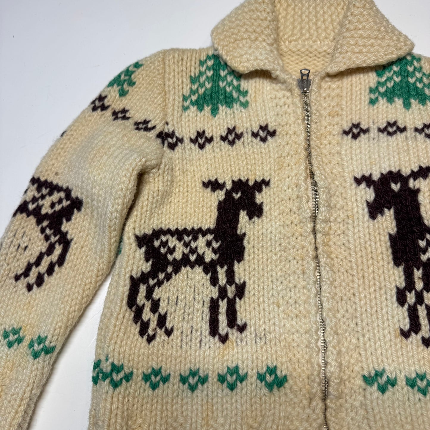 50s 60s Kids Toddler Vintage Beige Deer Lightning Zipper Cowichan Sweater / 3T 4T