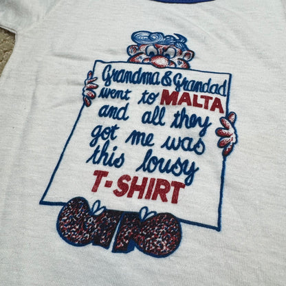 80s Kids Toddler Baby Vintage T-Shirt “Grandma & Grandad went to Malta and all they got me was this lousy T-Shirt” White Short Sleeve T-Shirt 1-2T