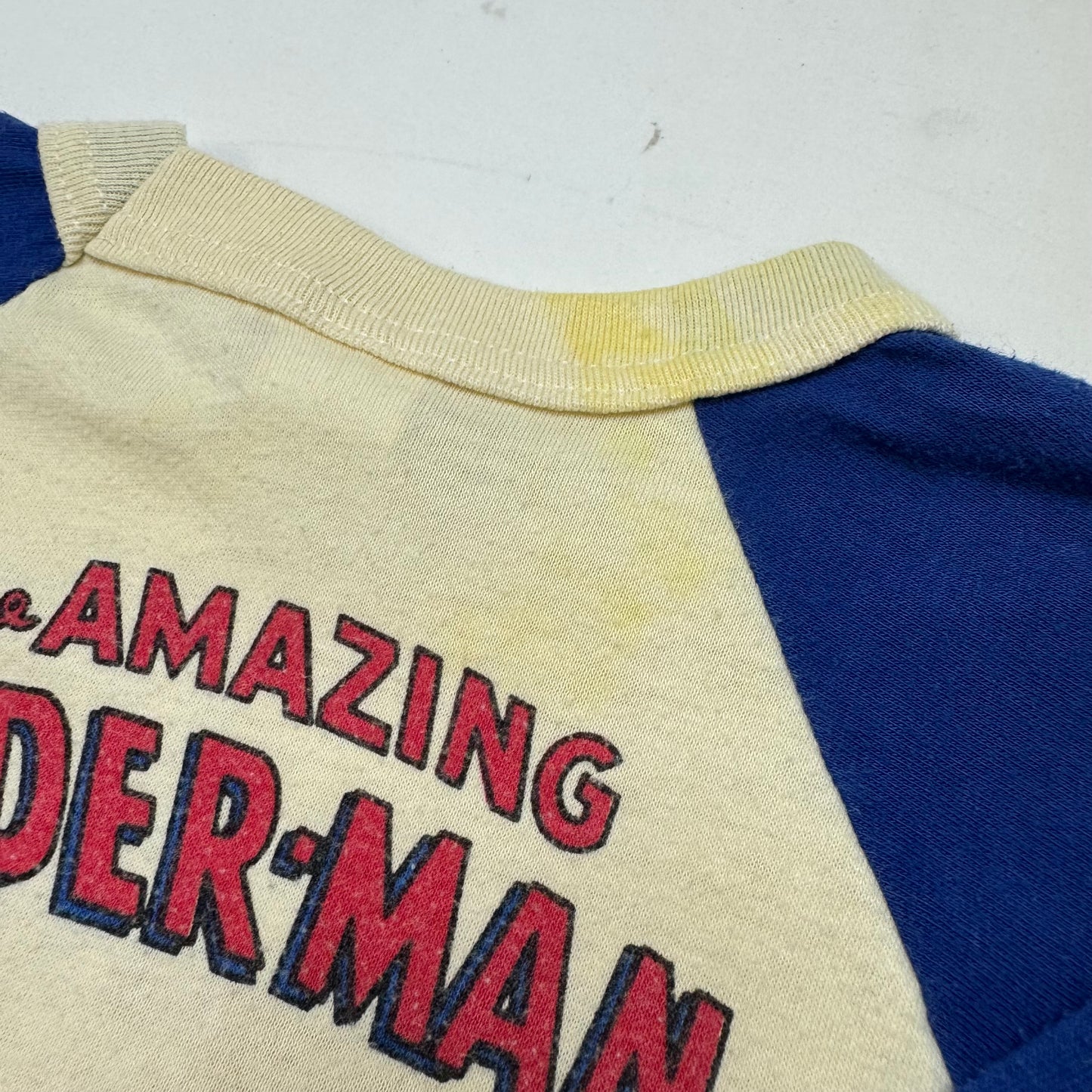 1977 Kids Baby Vintage Marvel The Amazing Spiderman Double Sided Raglan Light Yellow 3/4 Sleeve Single Stitch T-Shirt 2T 3T Made in USA