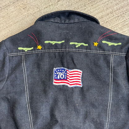 80s Kids Toddler Vintage Dark Denim Snap Double Pocket Long Sleeve Jacket With Cute Embroidered Patches Front And Back 4Y 5Y