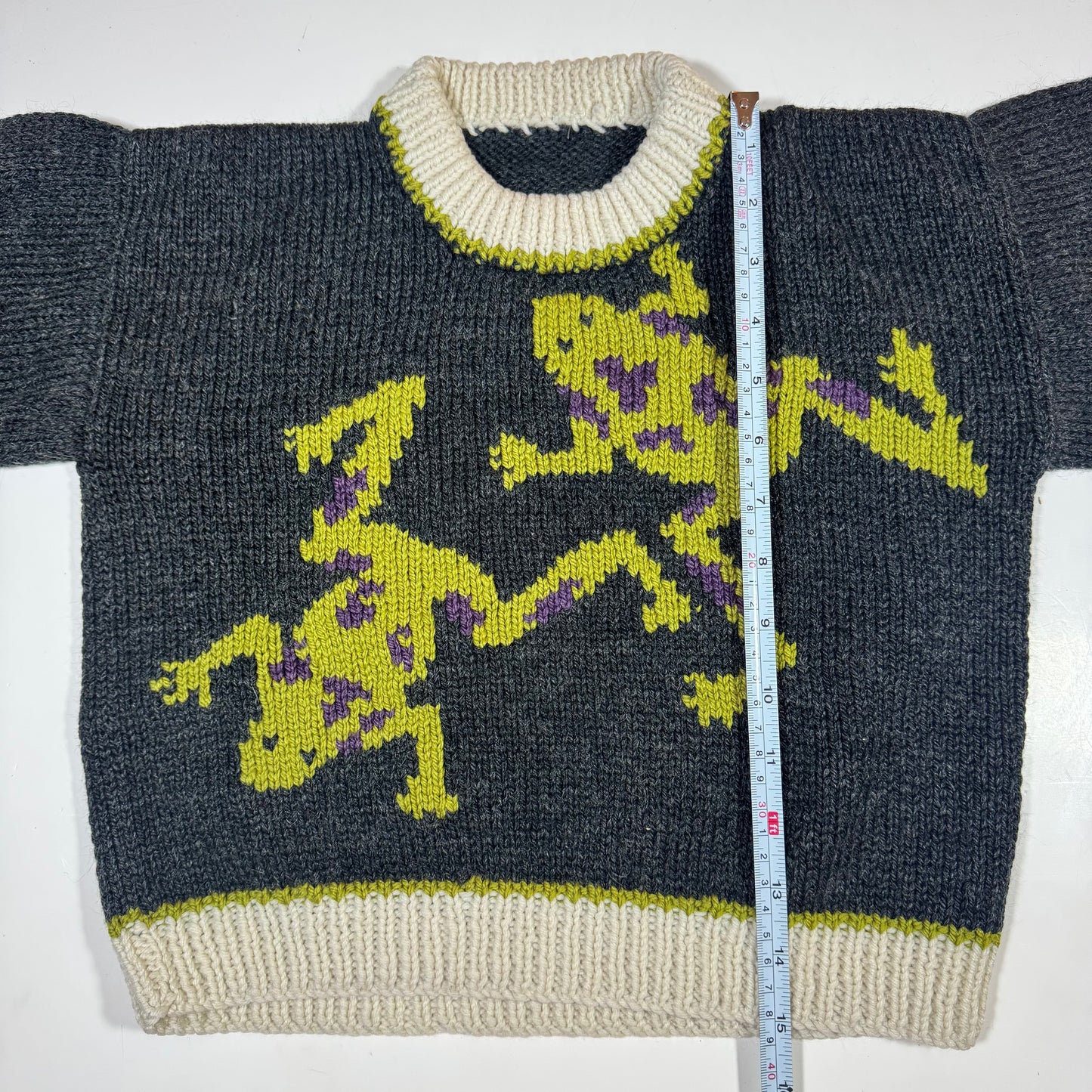 Kids Toddler Vintage Hand Knit Pullover Dark Gray AOP Cute Frogs Print 4Y 5Y 6Y