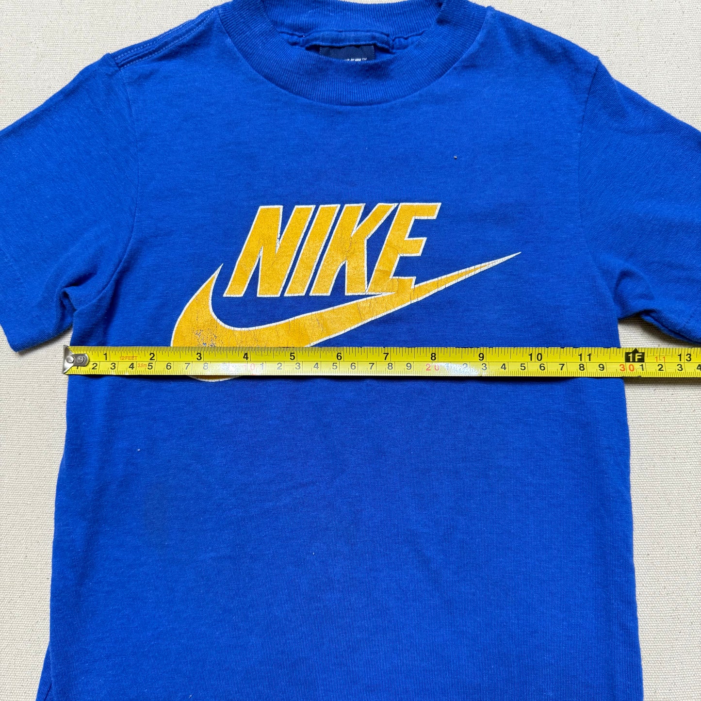 80s Kids Toddler Vintage Nike Blue Tag Yellow Big Logo Print Single Stitch Blue Tshirt / 2T 3T 4T / Made in USA