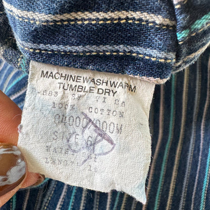 70s Kids Vintage Washington Dee Cee Sanforized Blue Denim Long Pant Striped Overalls With Adjustable Straps 6Y Made in USA