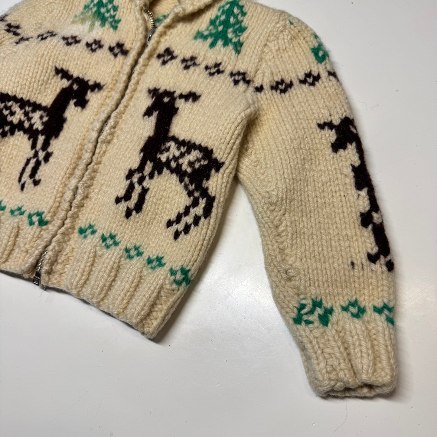 50s 60s Kids Toddler Vintage Beige Off White Deer Lightning Zipper Cowichan Heavy 24m 2Y 3T