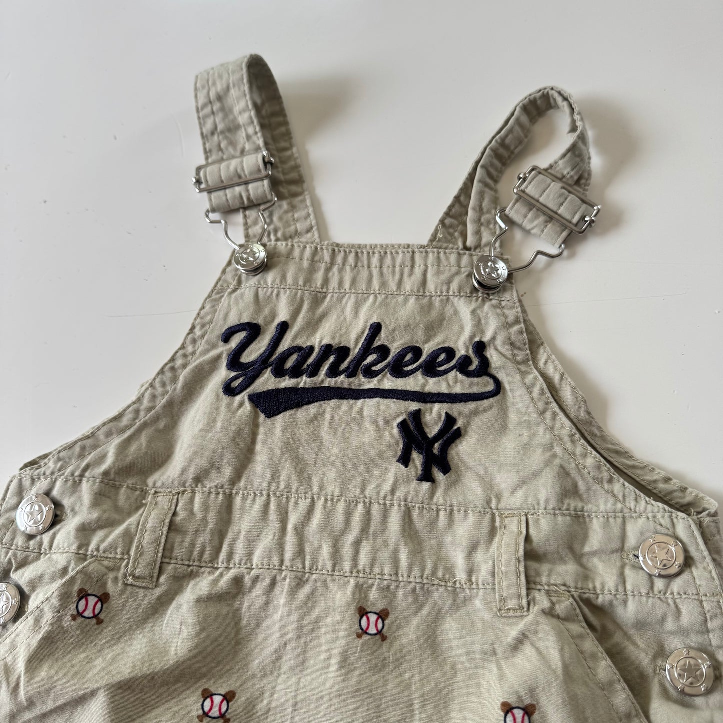 2000s Kids Girls Toddler 2 Piece  Set MLB New York Yankees Adjustable Strap Khaki Dress Baseball Pattern With Short Sleeve Navy T-Shirt 18 m