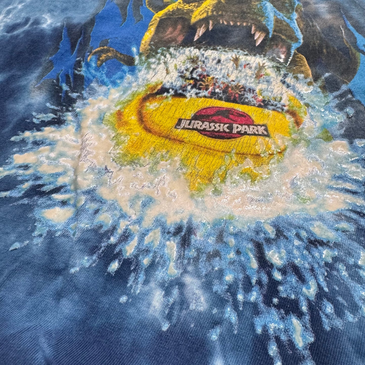 90s Kids Vintage Universal Studios I Survived Jurassic Park Glow In the Dark Print Blue Tie Dye Single Stitch Short Sleeve 100% Cotton T-Shirt M 5Y 6Y