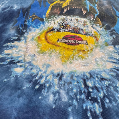 90s Kids Vintage Universal Studios I Survived Jurassic Park Glow In the Dark Print Blue Tie Dye Single Stitch Short Sleeve 100% Cotton T-Shirt M 5Y 6Y