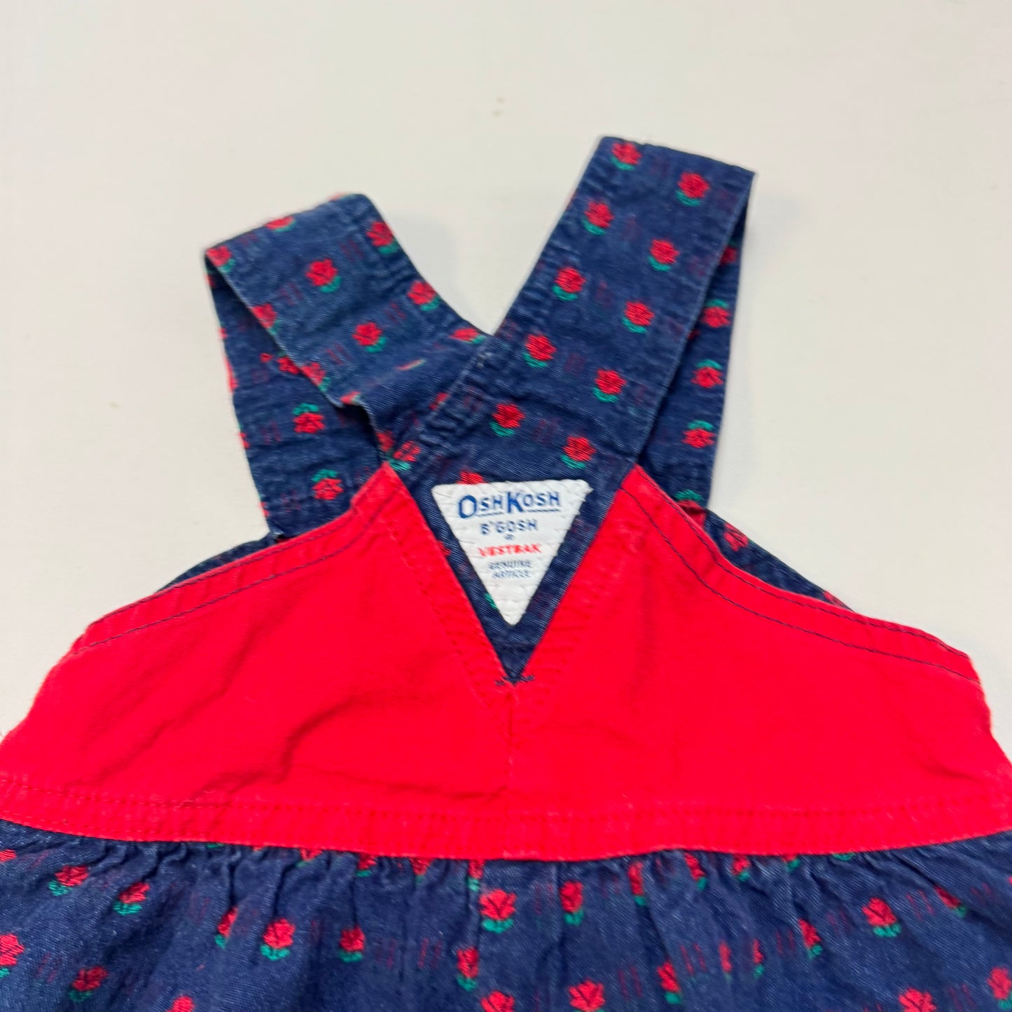 90s Kids Toddler Infant Vintage Baby B’Gosh Oshkosh Criss Cross  Dark Denim Red Flower Print AOP Romper //2T / Made in USA