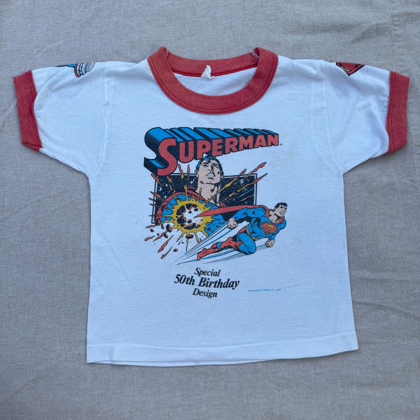 80s Kids Toddler Vintage Ringer Superman Special 50Th Birthday Design Short Sleeve White T-Shirt  3Y 4Y 5Y