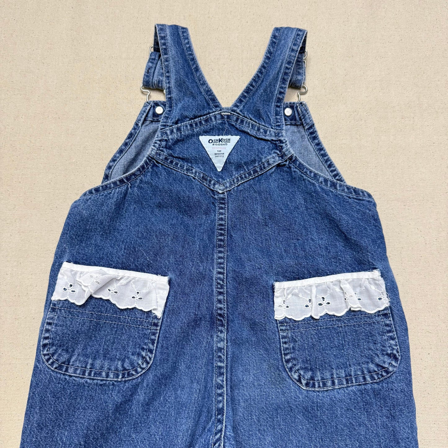 2000’ Y2K Kids Toddler Vintage Oshkosh Bgosh Lace Hand Stitched Loose Fit Denim Overall / 3T