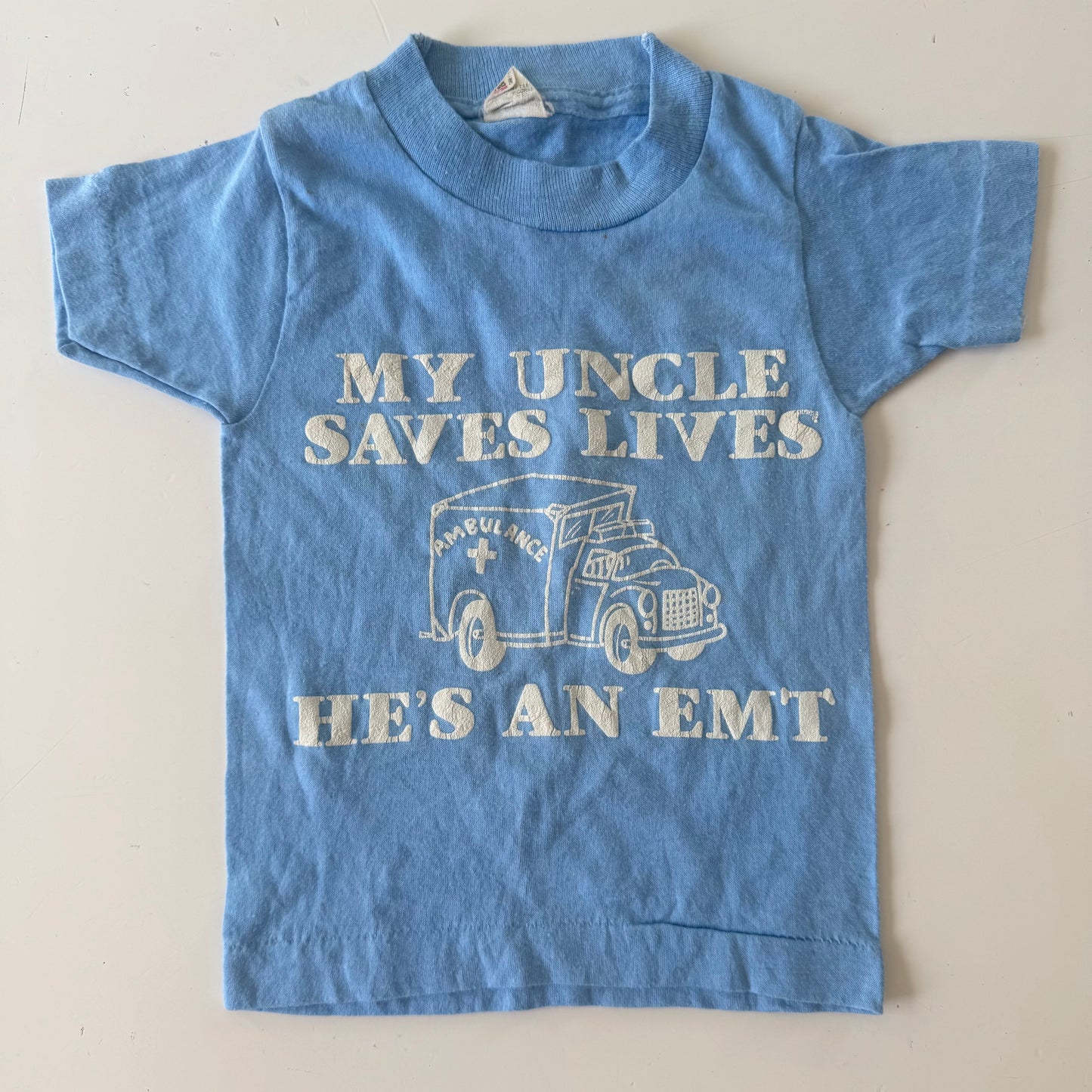 80s Kids Infant Baby Vintage Tee My Uncle Saves Lives, He’s An EMT Single Stitch Short Sleeve T-Shirt 2T Made in USA