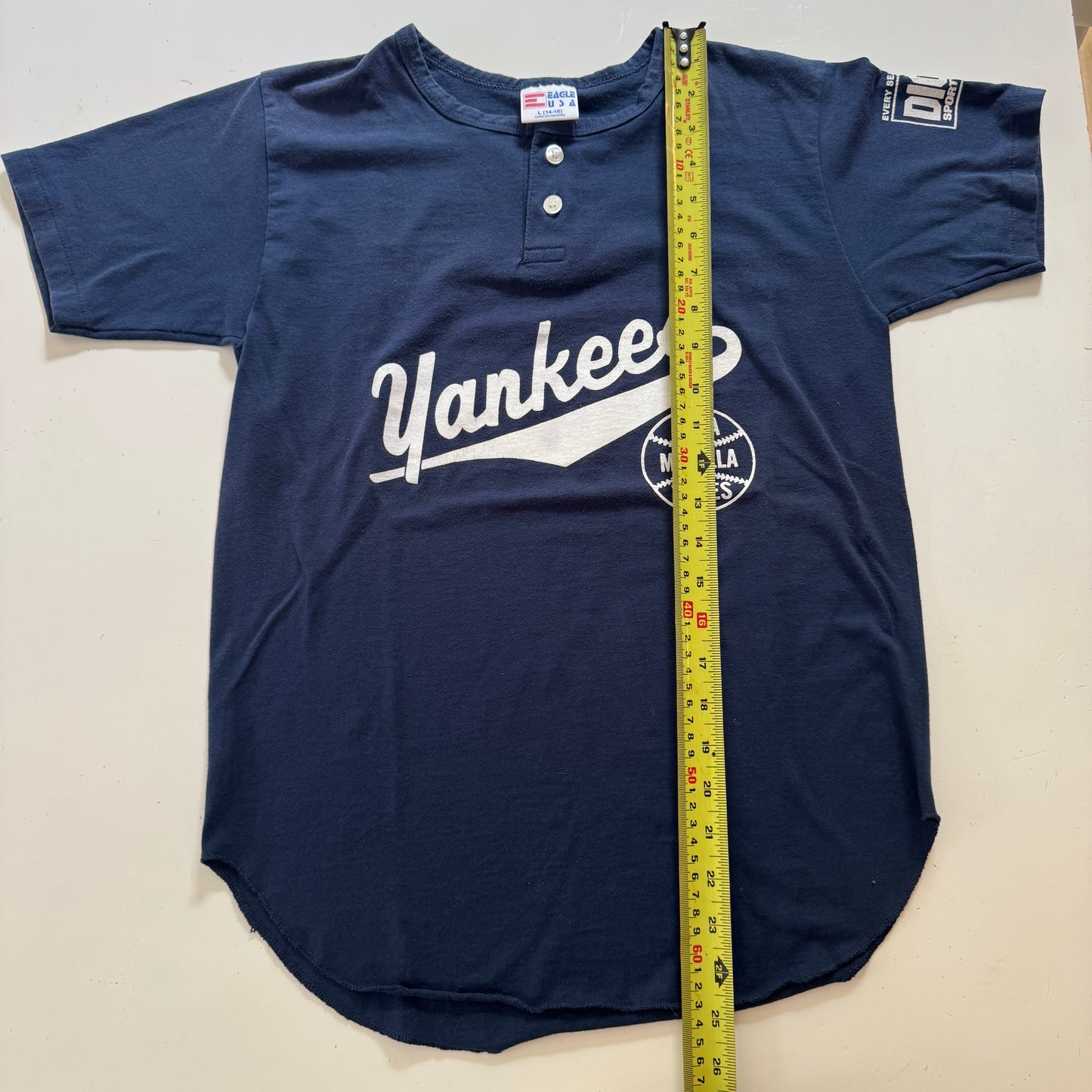 90s Kids Teens Vintage Eagle USA  Yankees Jamieson Road Volunteer Fire Co. Short Sleeve Navy T-Shirt L 14Y 15Y 16Y XS Adult Made in USA