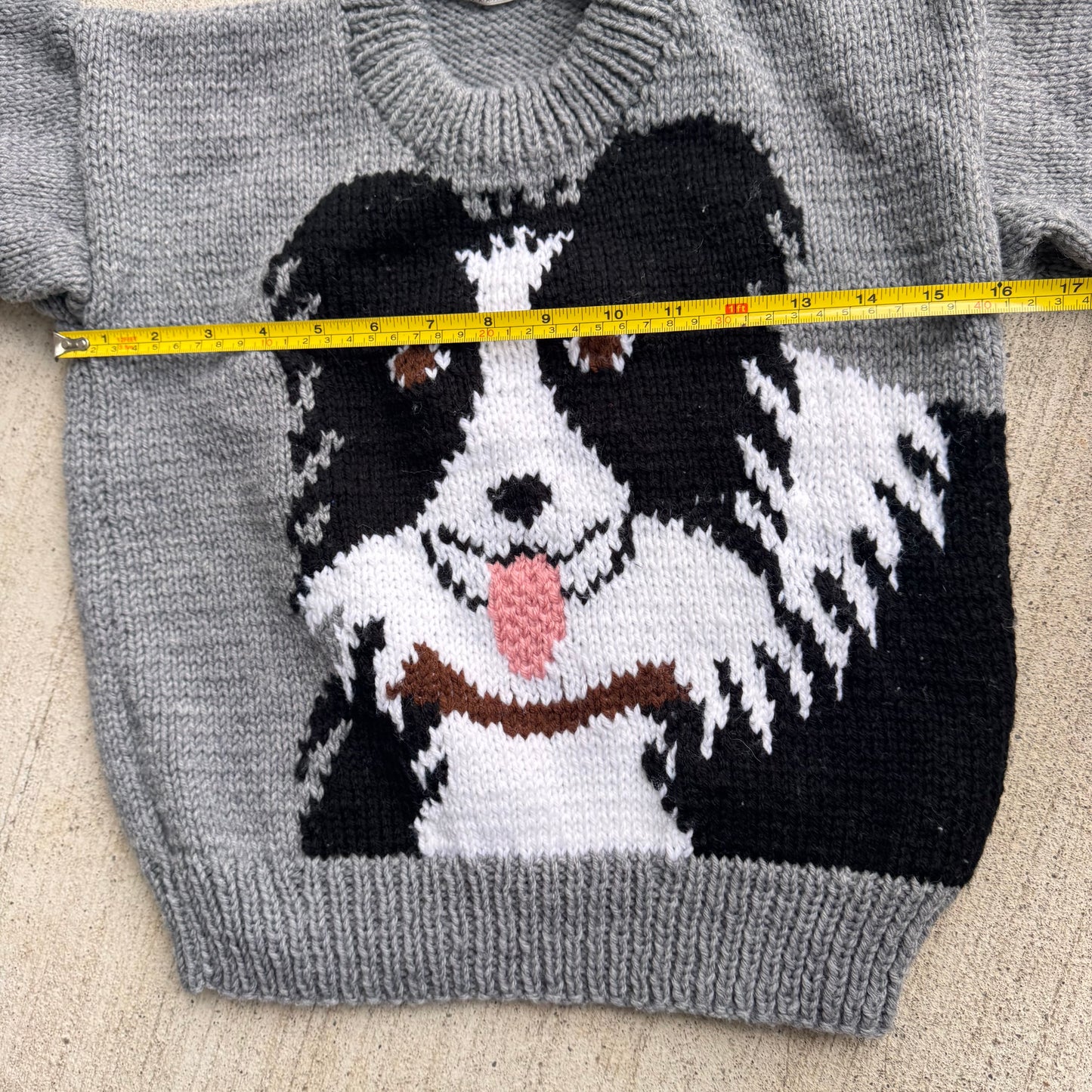 Kids Vintage Hand Knit Dog Front/Back Gray Pullover Sweater 6Y 7Y 8Y