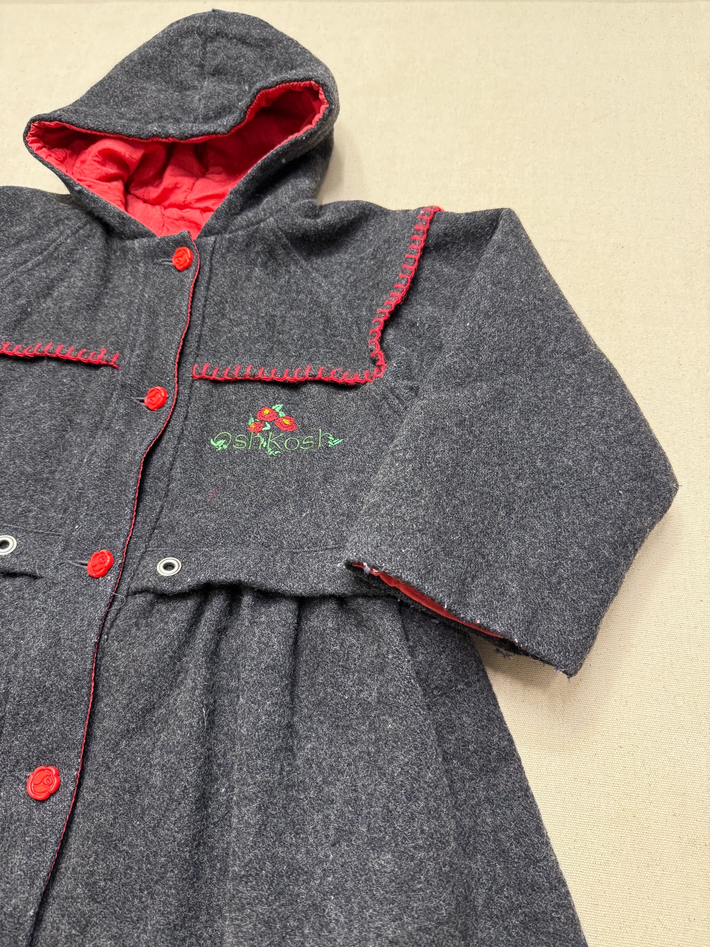 80s 90s Kids Vintage Oshkosh Bgosh Flower Rose Buttons A Line Lined Wool Jacket / 6y 7y