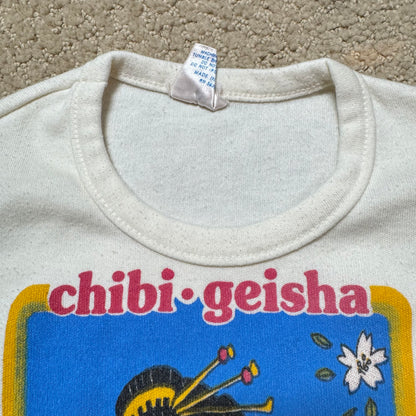 80s Kids Toddler Vintage Chibi•Geisha Cute Character Print Short Sleeve Off White T-Shirt XS 2T 3T Made in USA