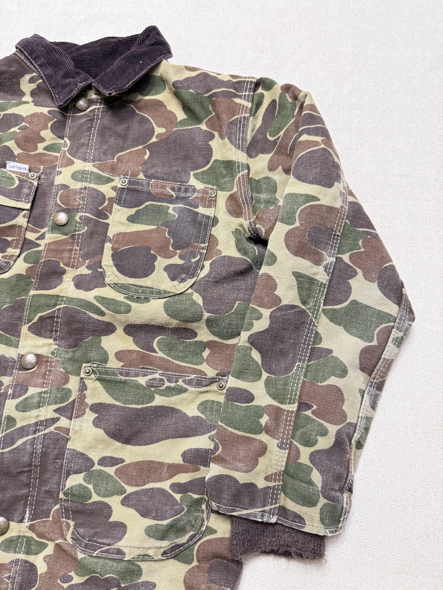 80s Kids Youth Vintage Carhartt Rare Duck Hunting Camo Corduroy Collar Quilt Lined Jacket / 7y 8y 9y