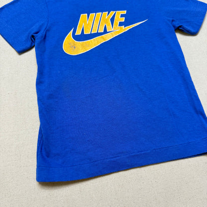 80s Kids Toddler Vintage Nike Blue Tag Yellow Big Logo Print Single Stitch Blue Tshirt / 2T 3T 4T / Made in USA