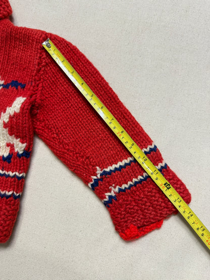 50s 60s Kids Toddler Vintage Lamb Emboridered Red Flash Zipper Shawl Collar Cowichan Sweater / 4T 5y 6y