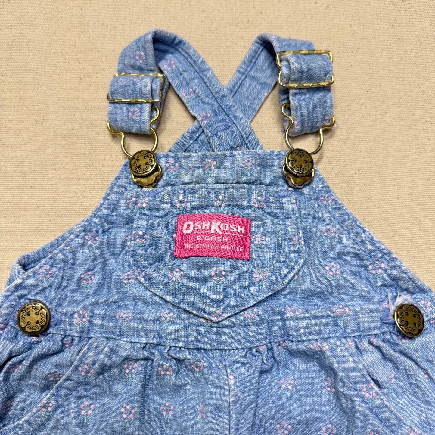 90s Kids Infant Baby Vintage Oshkosh Bgosh Flower AOP Denim Shortall / 0m 3m 6m