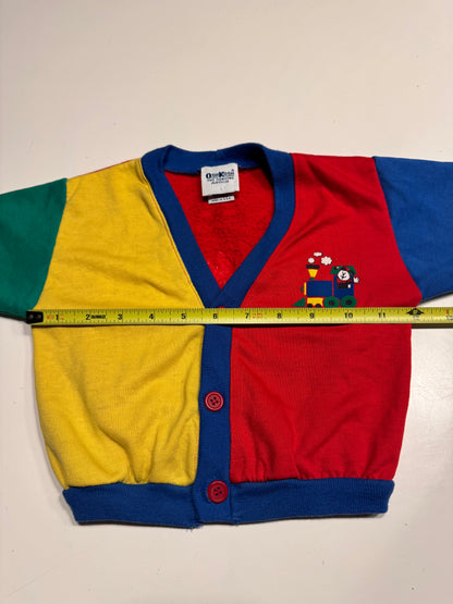 90s Kids Toddler Infant Vintage Baby B’Gosh Oshkosh Multicolour Train Big Print Red Green Yellow Blue Sweat Cardigan //12m / Made in USA