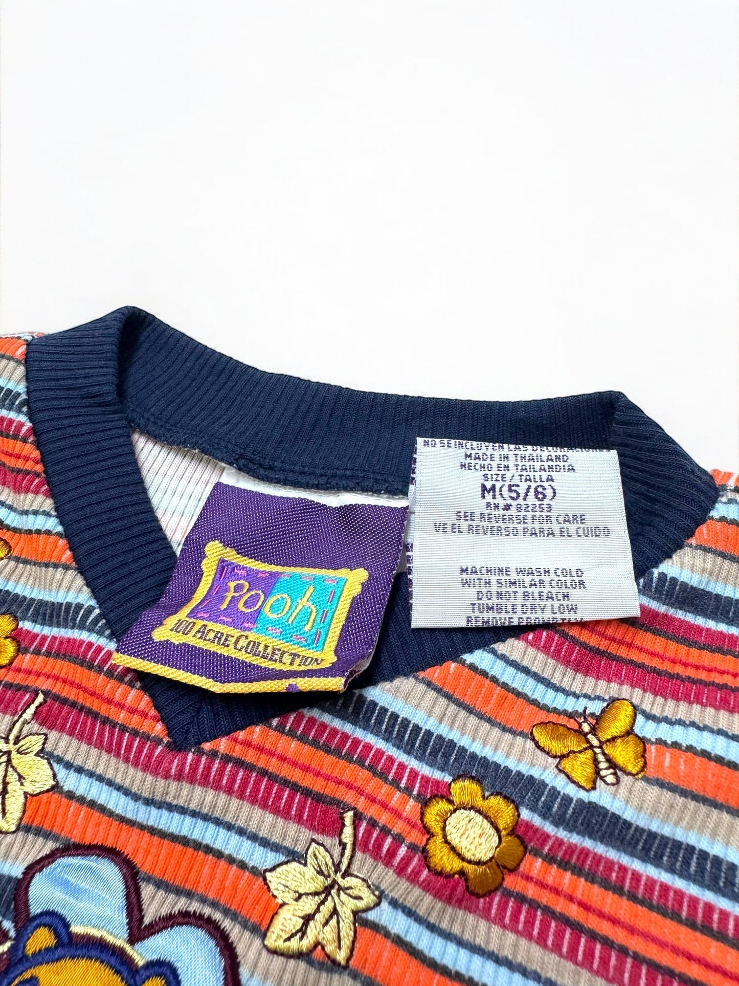 90s Kids Vintage Disney Pooh Multicolour Striped Long Sleeve V Neck Stretchy Shirt With Embroidery