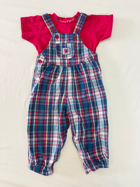 90s Kids Toddler Infant Vintage Baby Bgosh Oshkosh Bgosh Plaid Check Pink Tshirt Overall 2pc Set / 12m 18m 24m / Made in USA