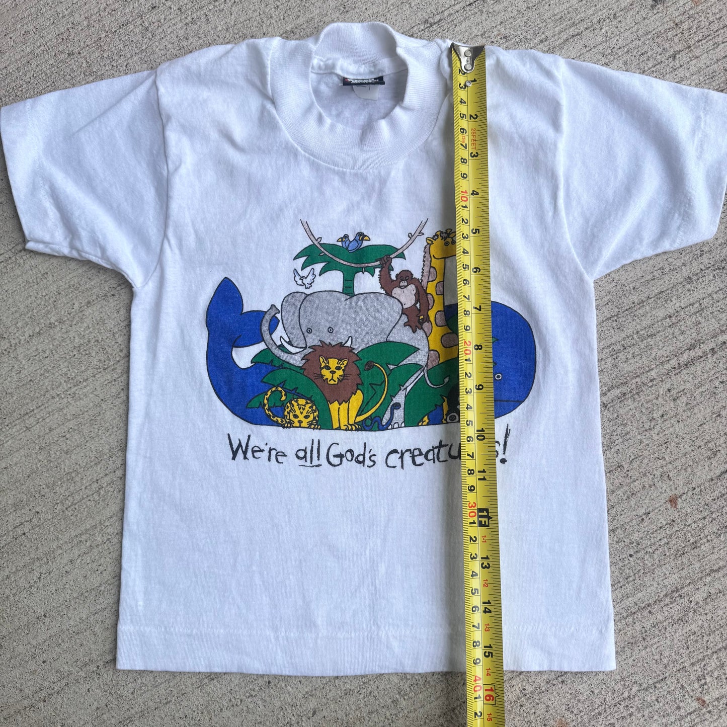 Kids Toddler Vintage We’re All God’s Creatures! White 50/50 Single Stitch T-Shirt 6-8Y Made in USA
