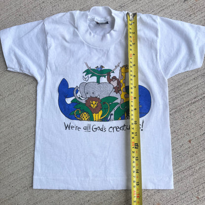 Kids Toddler Vintage We’re All God’s Creatures! White 50/50 Single Stitch T-Shirt 6-8Y Made in USA