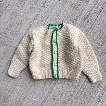 Baby Toddler Vintage Hand Knit Cream Cardigan With Green Details Irish Style Knit 12mns 1Y 18mns 24mns 2Y