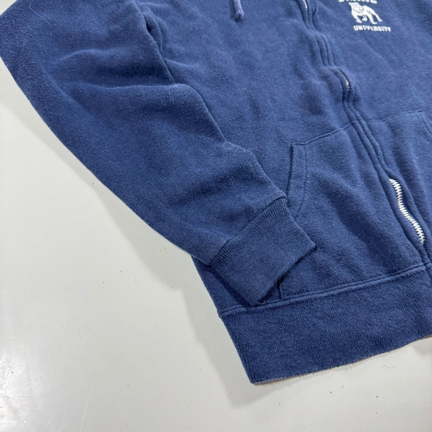 80s Kids Youth Vintage Drake University Flock Print Navy Zip Hooded Sweatshirt Made in USA L 14Y 16Y