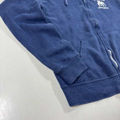 80s Kids Youth Vintage Drake University Flock Print Navy Zip Hooded Sweatshirt Made in USA L 14Y 16Y