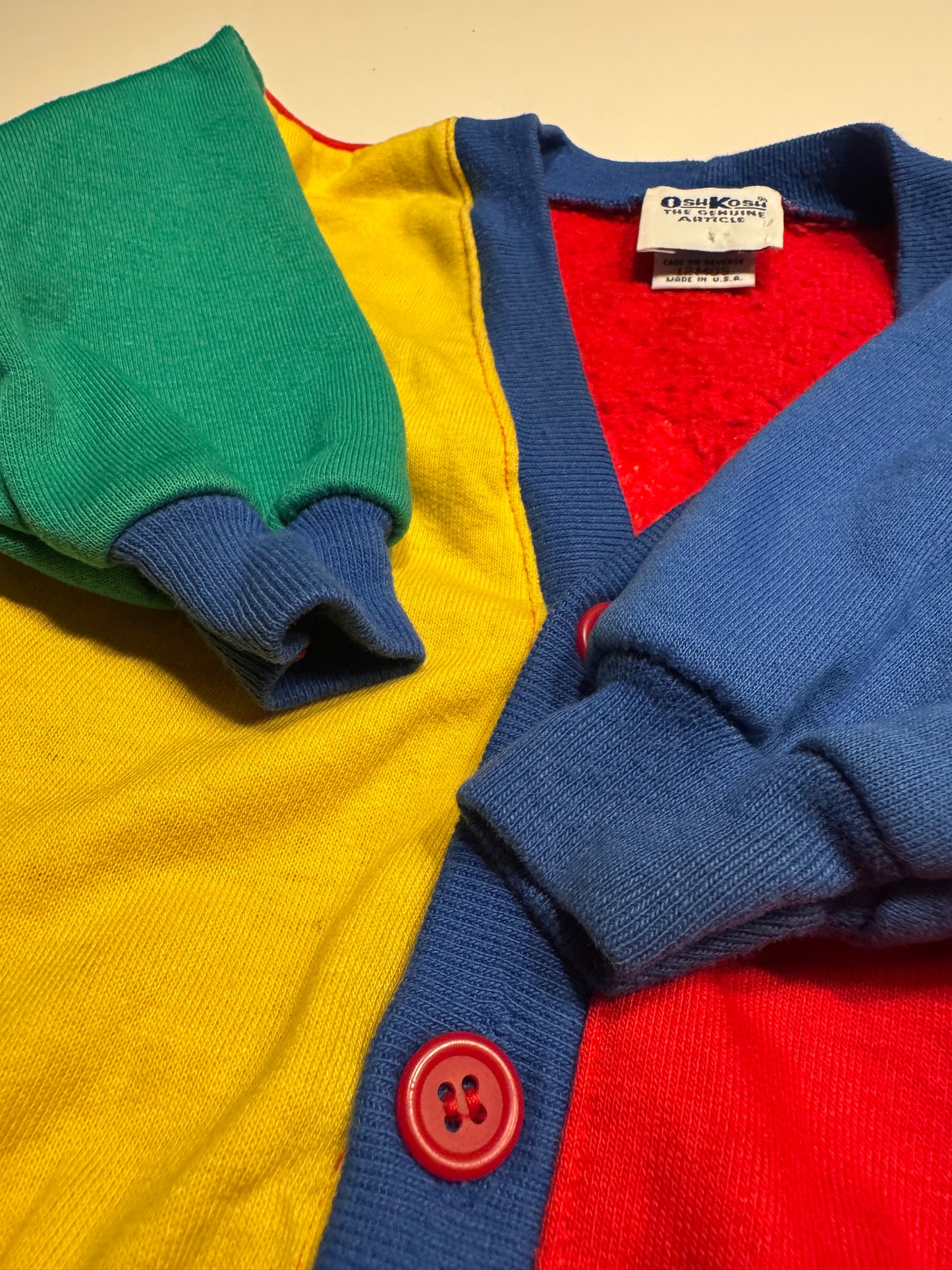 90s Kids Toddler Infant Vintage Baby B’Gosh Oshkosh Multicolour Train Big Print Red Green Yellow Blue Sweat Cardigan //12m / Made in USA