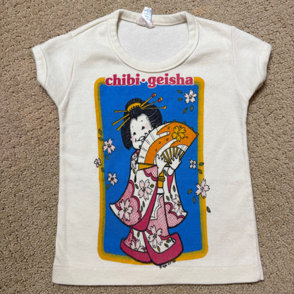 80s Kids Toddler Vintage Chibi•Geisha Cute Character Print Short Sleeve Off White T-Shirt XS 2T 3T Made in USA