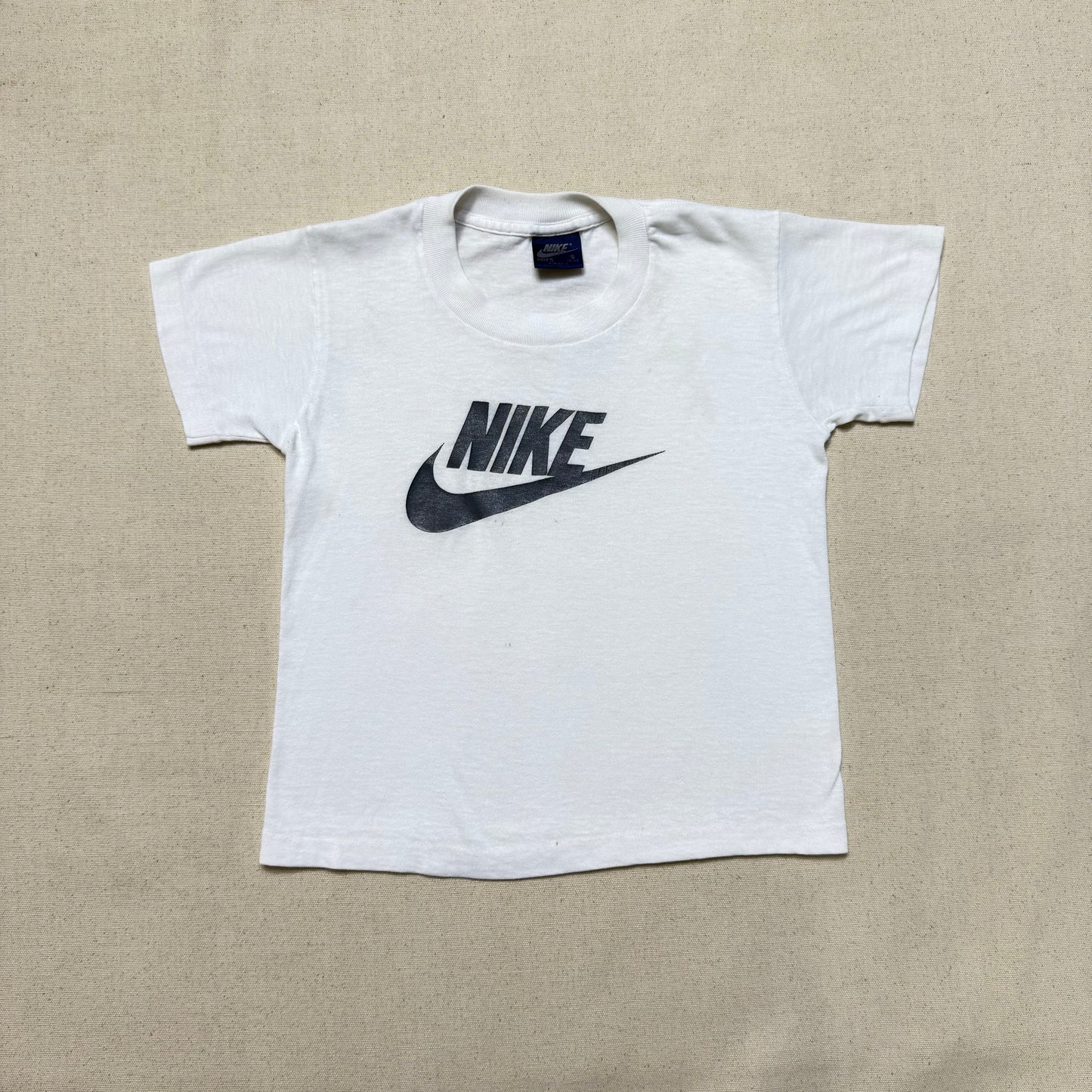80s Kids Toddler Vintage Nike Blue Tag Gray Big Logo Print Single Stitch White Tshirt / 4T 5T 6y / Made in USA