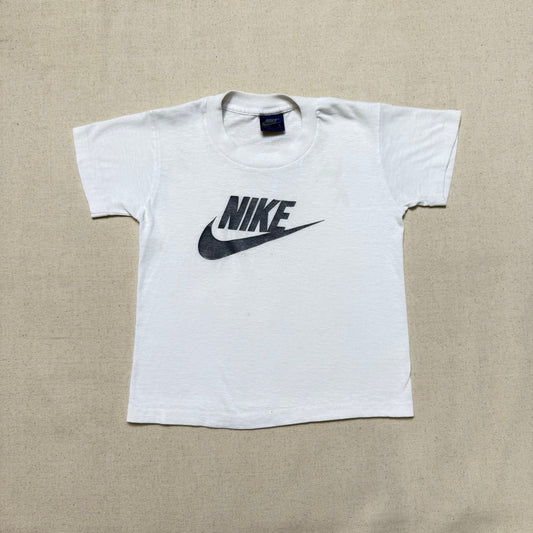 80s Kids Toddler Vintage Nike Blue Tag Gray Big Logo Print Single Stitch White Tshirt / 4T 5T 6y / Made in USA