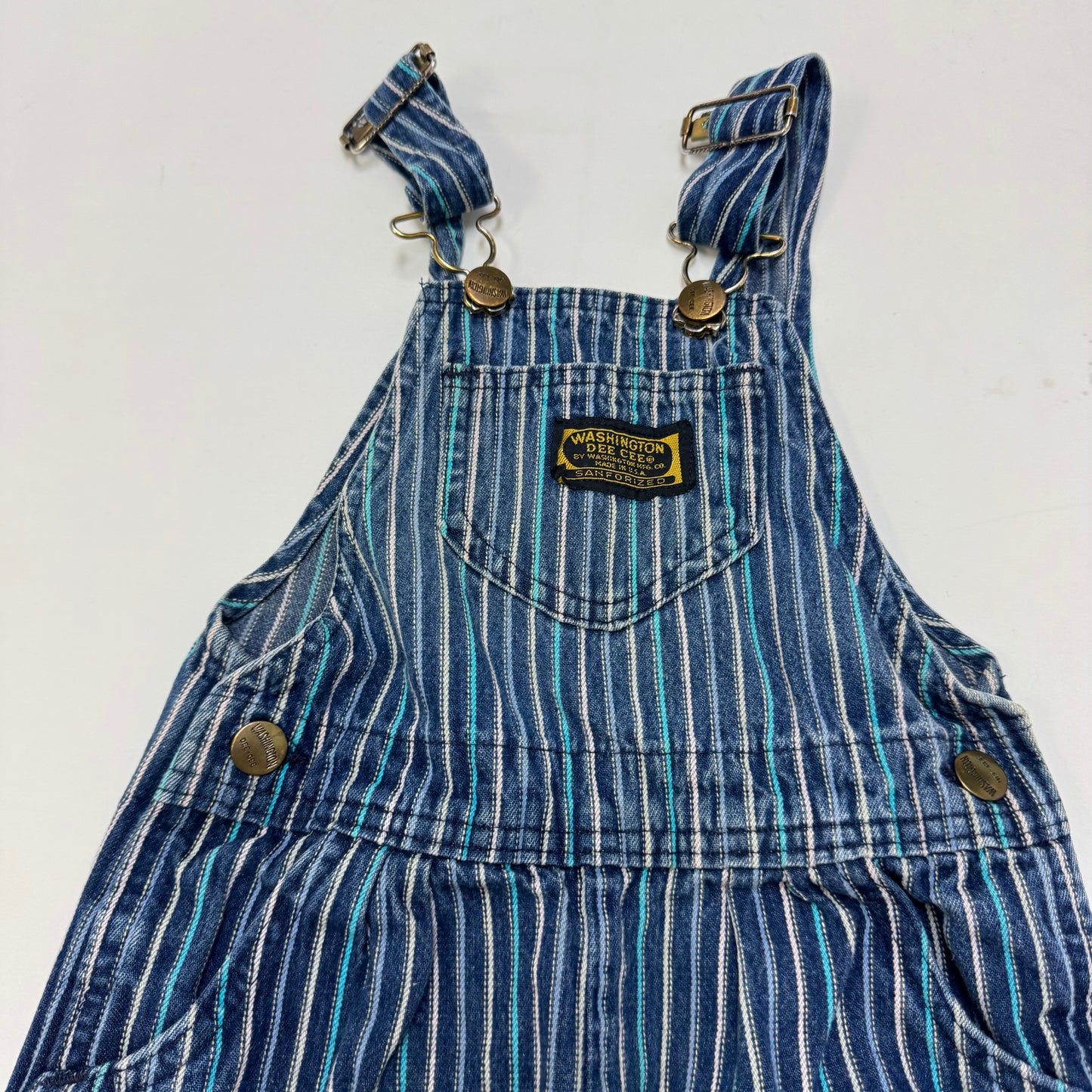70s Kids Vintage Washington Dee Cee Sanforized Blue Denim Long Pant Striped Overalls With Adjustable Straps 6Y Made in USA