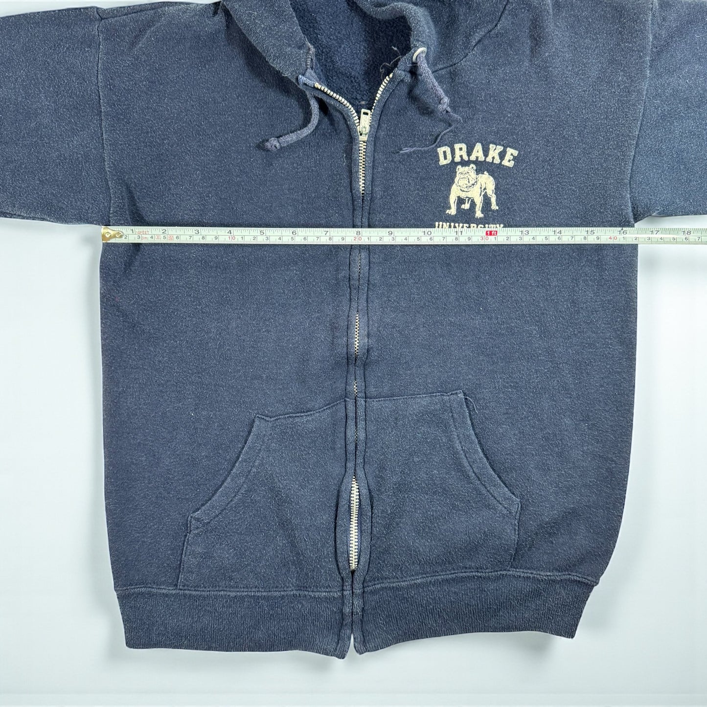 80s Kids Youth Vintage Drake University Flock Print Navy Zip Hooded Sweatshirt Made in USA L 14Y 16Y